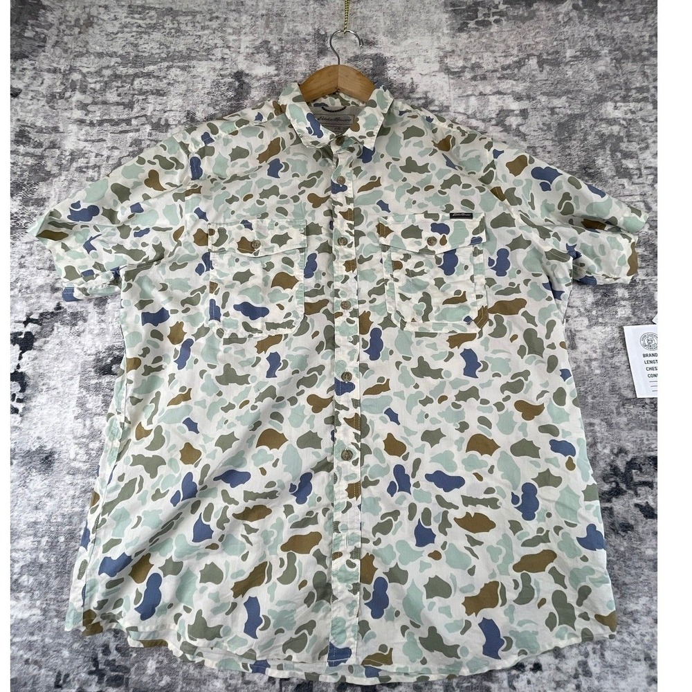 Eddie‎ Bauer Mens XL Short Sleeve Button Up Camo Pattern Multicolor Classic Fit